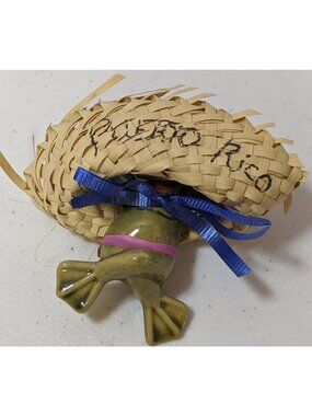 Vintage Ceramic Frog Figurine With Woven Hat Puerto Rico Souvenir